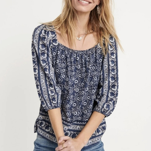 Lucky Brand Border Print Women's Peasant Top S - Picture 1 of 7